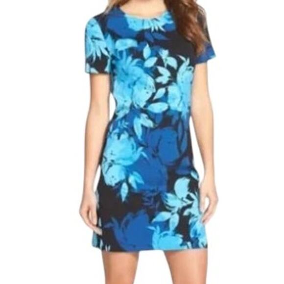 Trina Turk Natasha Black & Blue Floral Short Sleeve Sheath Dress Size 6 Career - Picture 1 of 10